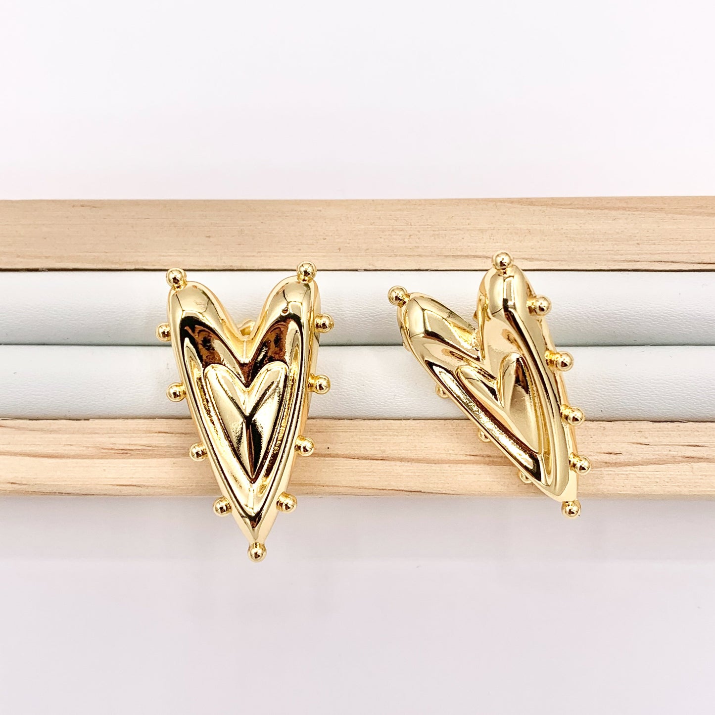 Large Dotted Heart Earring Stud in Real 18K Gold Plated Over Copper 5 PAIRS