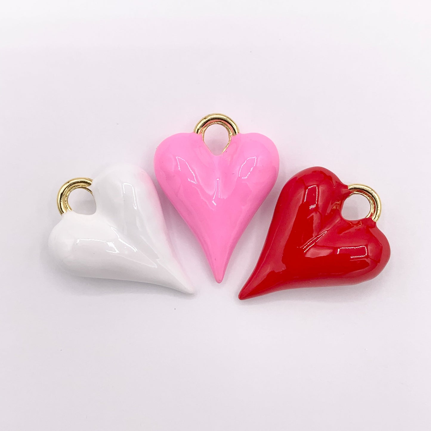 Enamel Larger Heart Charm Double Sided Puffy Heart Valentine's Day Pendants in 18K Gold Plated Over Copper | Pink, Red & White 5 PCS
