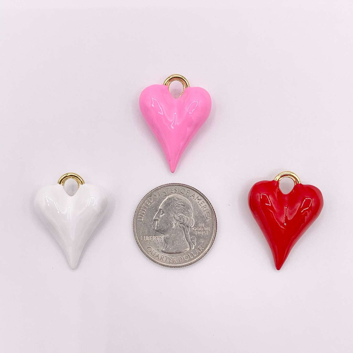 Enamel Larger Heart Charm Double Sided Puffy Heart Valentine's Day Pendants in 18K Gold Plated Over Copper | Pink, Red & White 5 PCS