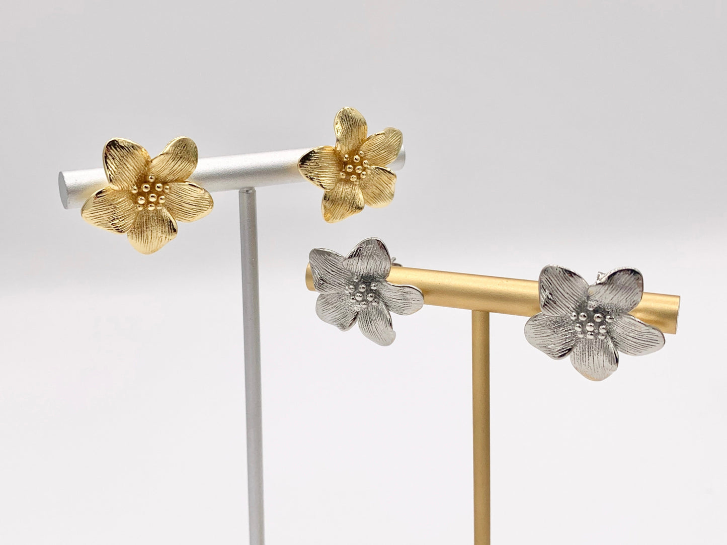 Cute Detailed Flower Earring Studs in Real 18K Gold/Platinum Plated Over Copper 4 PAIRS