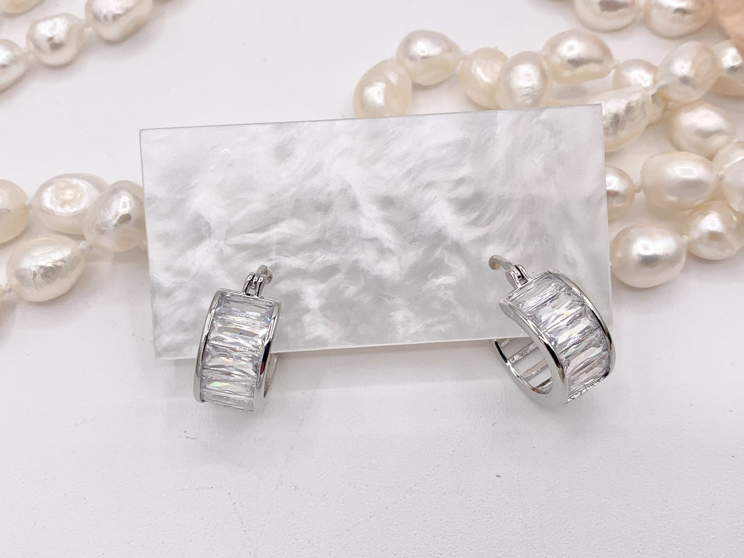 Fancy Baguette Earring Hoop Huggies in Real Gold/Silver 18K Micro Pave CZ 3 PAIRS