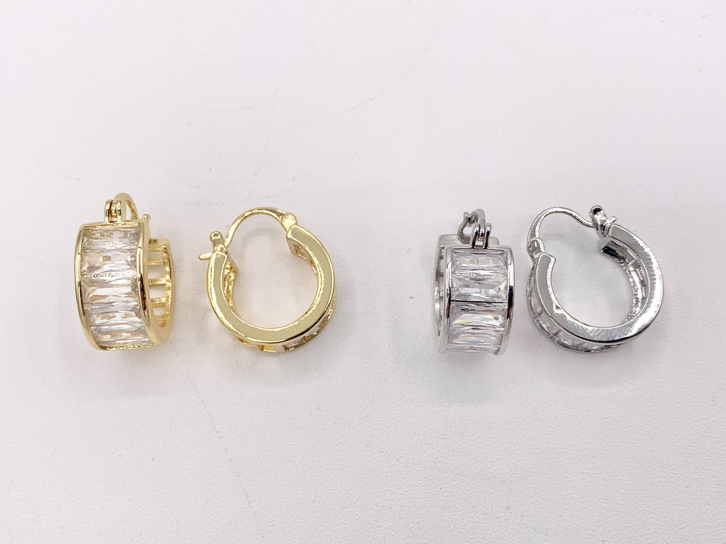 Fancy Baguette Earring Hoop Huggies in Real Gold/Silver 18K Micro Pave CZ 3 PAIRS