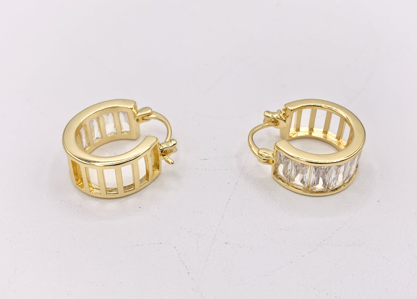 Fancy Baguette Earring Hoop Huggies in Real Gold/Silver 18K Micro Pave CZ 3 PAIRS