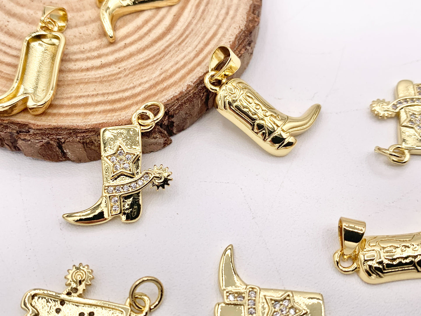 Western Cowboy Boots Texas Ranch One Sided Pendant Charms in CZ Pave 18K Gold Plated Copper 10 PCS