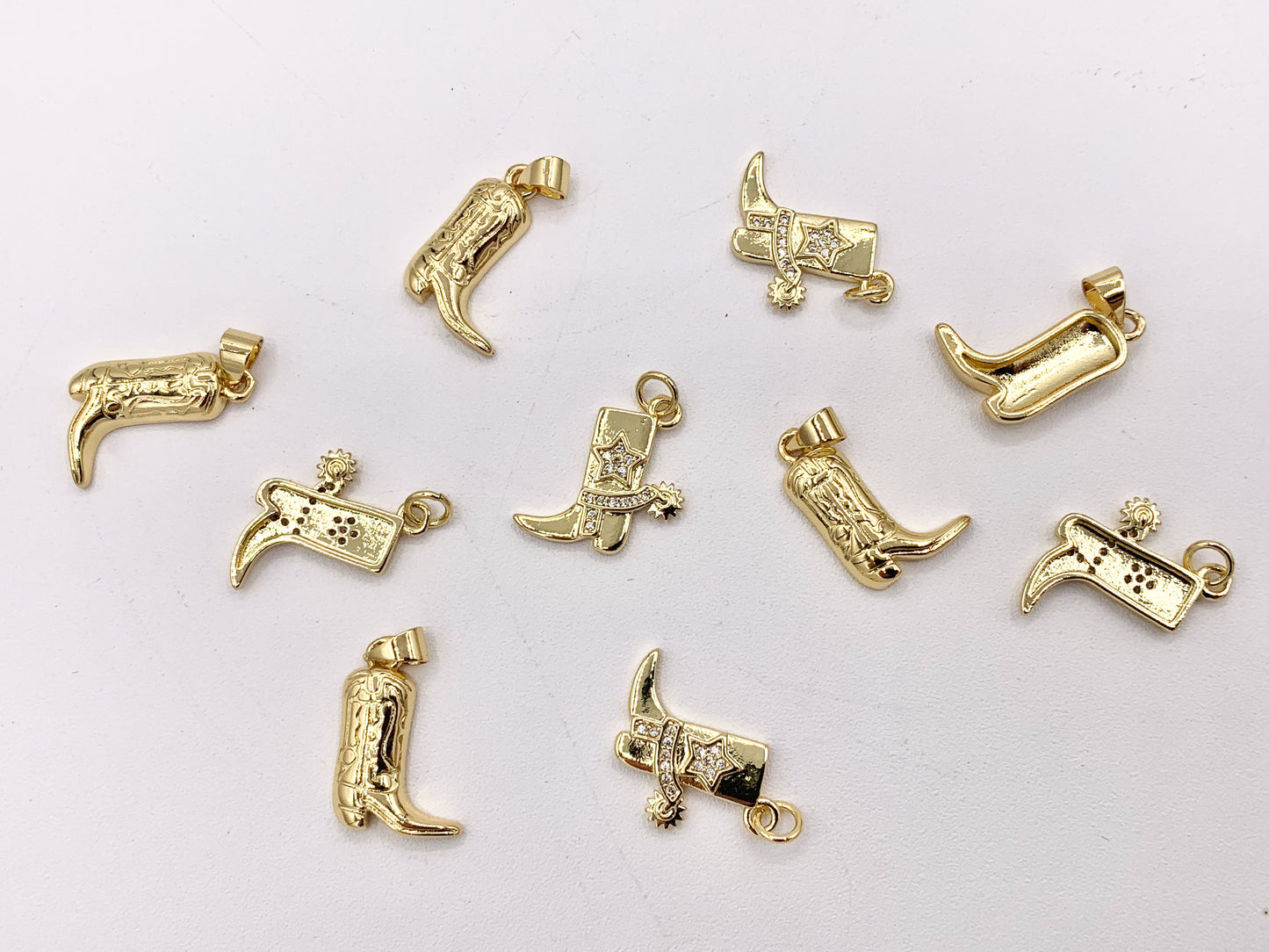Western Cowboy Boots Texas Ranch One Sided Pendant Charms in CZ Pave 18K Gold Plated Copper 10 PCS