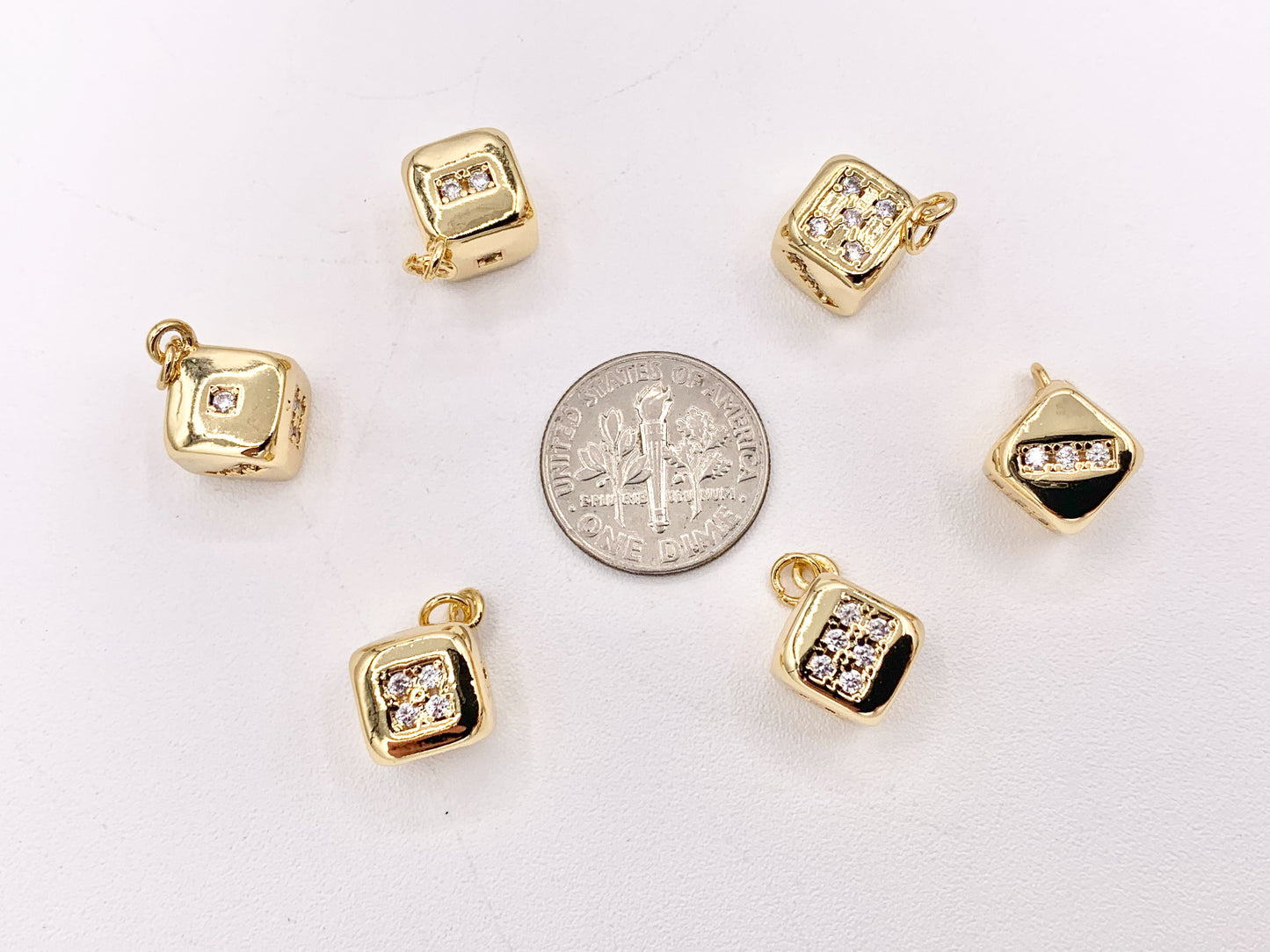 Cute Dainty CZ Cube Lucky Dice Charms Casino Charms in CZ Pave plated in 18K Gold Copper Base 6 PCS