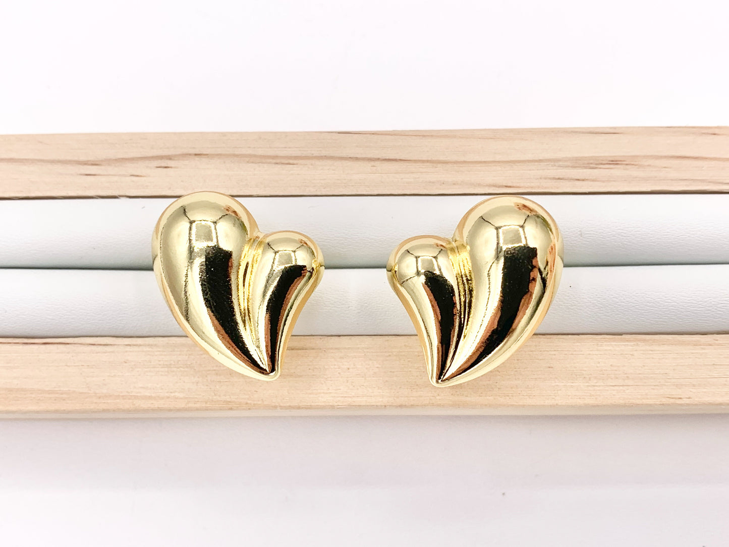Cute Large Puffy Heart Drop Earring Stud in Real 18K Gold Plated Over Copper 4 PAIRS