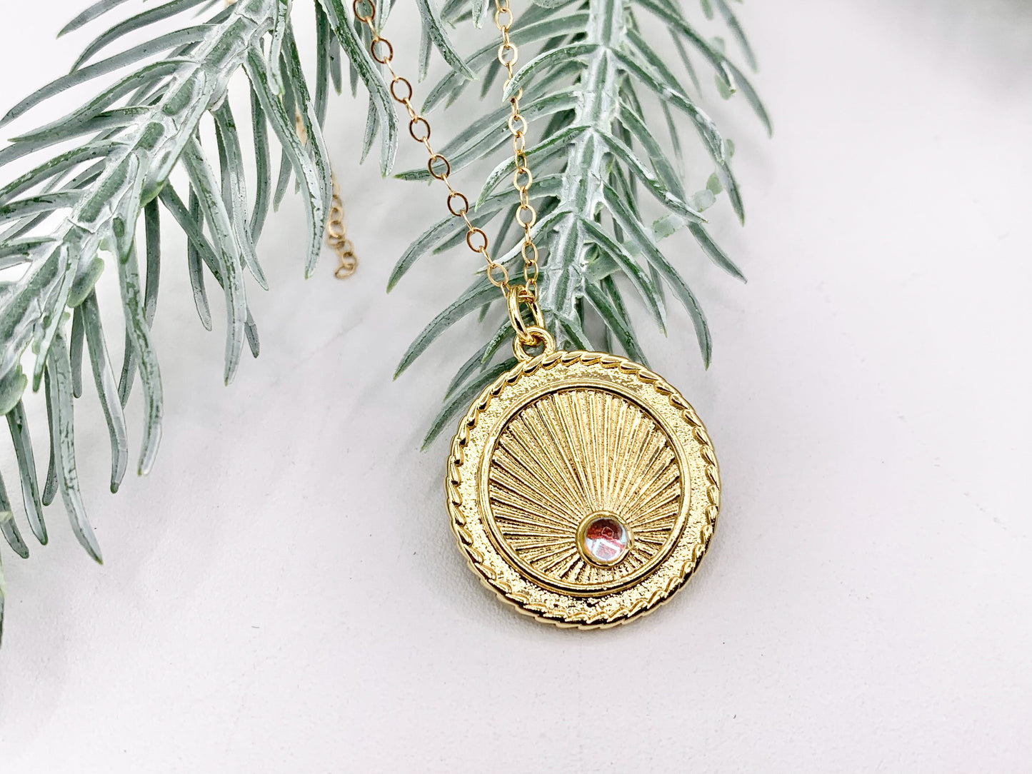 Gold Coin Pendant Charms Opalite Center in 18K Gold Plated Copper 5 PCS