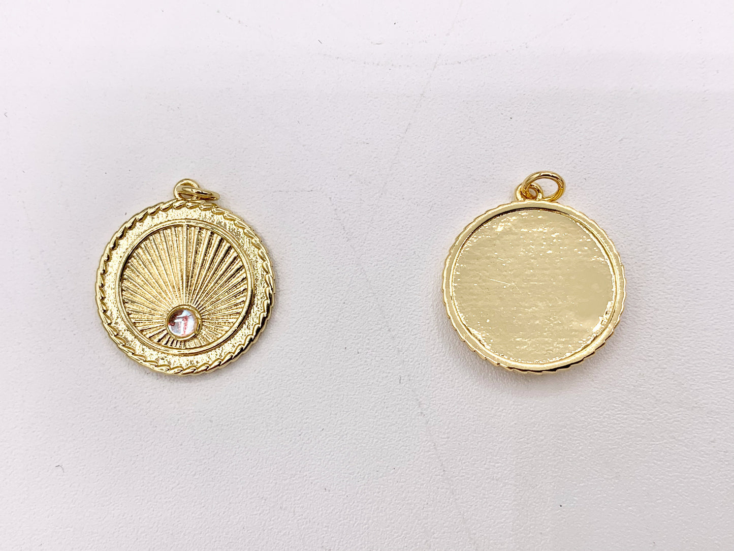 Gold Coin Pendant Charms Opalite Center in 18K Gold Plated Copper 5 PCS
