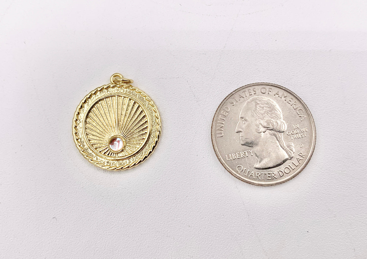 Gold Coin Pendant Charms Opalite Center in 18K Gold Plated Copper 5 PCS