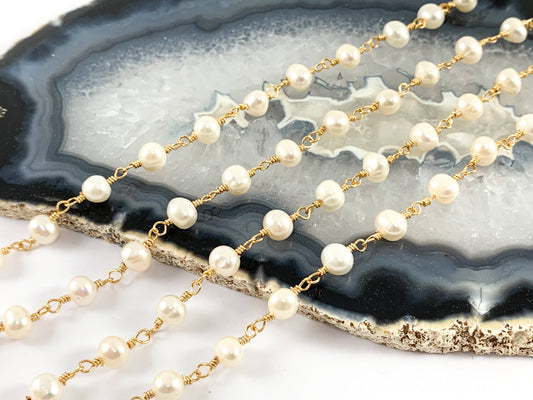 Real Gold 18K Plated Cream Freshwater Pearl Wired Chain For Jewelry Making/Designs 1 Spool