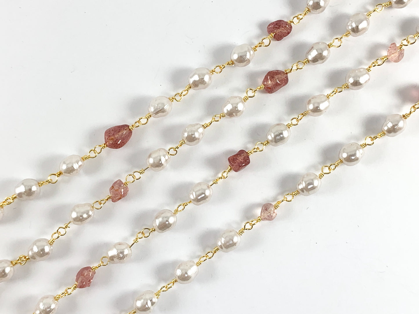 Real Gold 18K Plated Cream Imitation Pearl & Strawberry Quartz Wired Chain For Jewelry Making/Designs 1 Spool