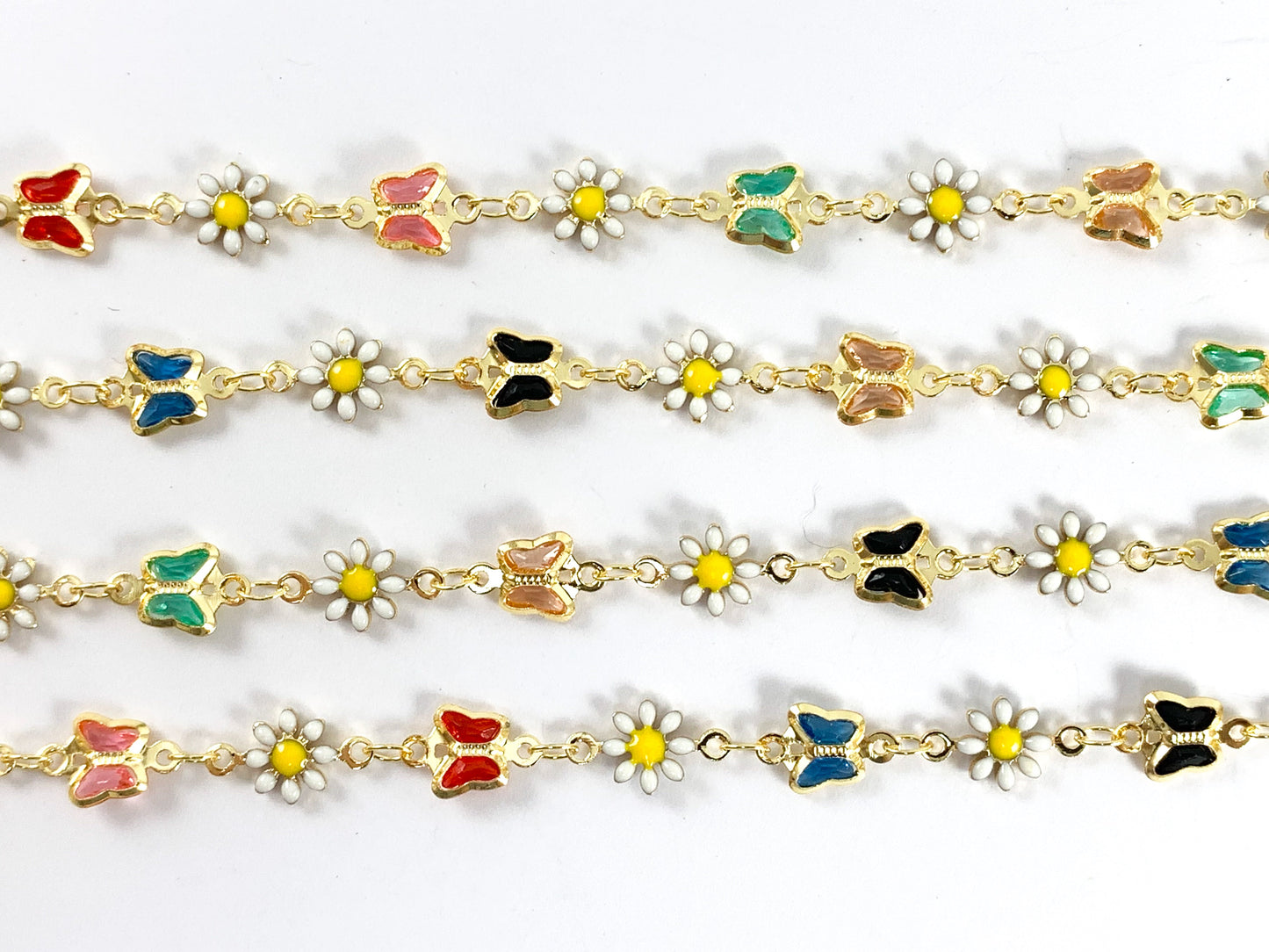 18K Gold Plated Enamel Plated Copper White Daisy Flower with Multicolor Butterfly Chain 1 Spool