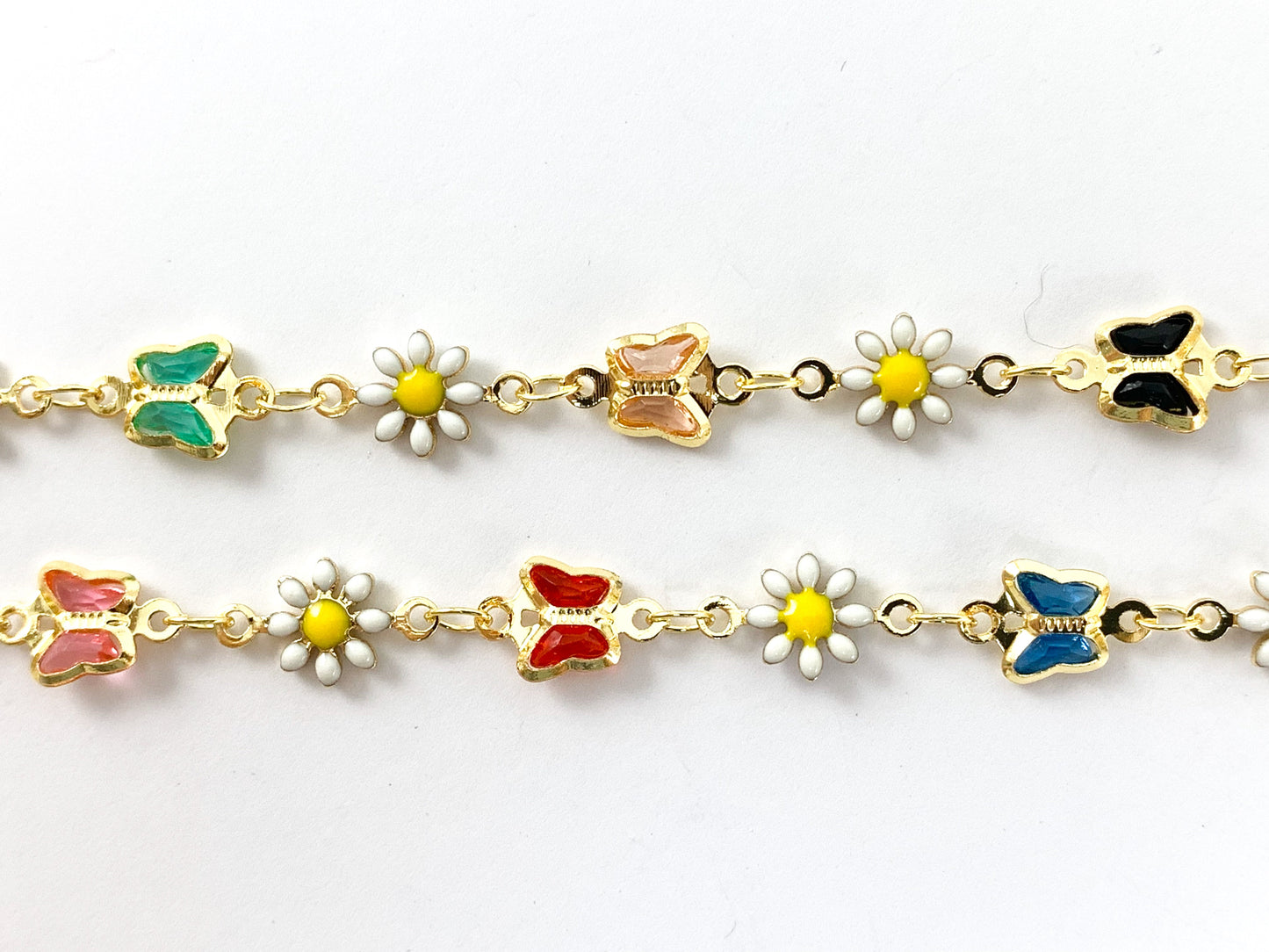 18K Gold Plated Enamel Plated Copper White Daisy Flower with Multicolor Butterfly Chain 1 Spool