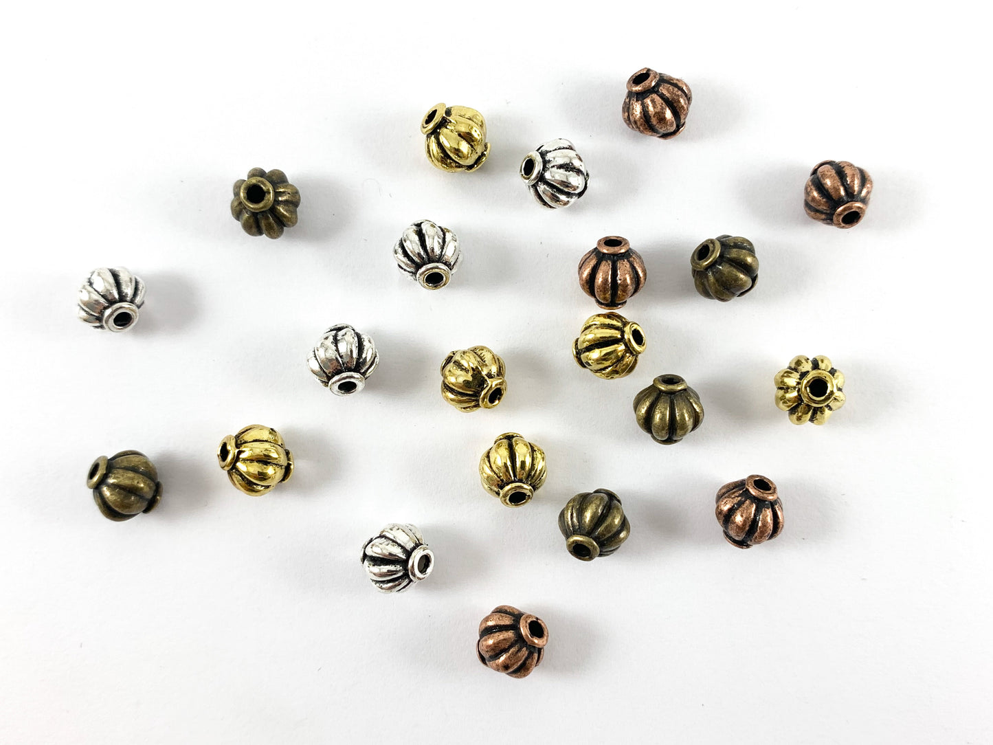 7.5mm Pewter Base Metal Pumpkin Shaped Ribbed Spacer Beads Antique Gold, Silver, Bronze, Copper 125 Grams Bag