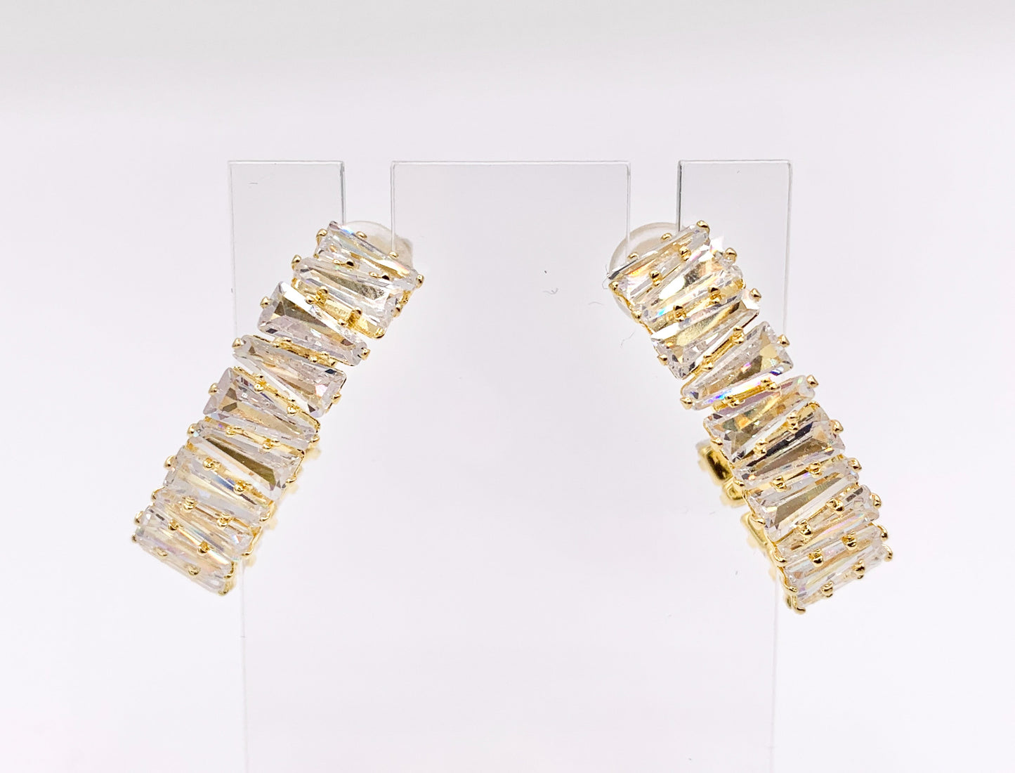 Trendsetting Unique Curve Link CZ Pave Baguette Hoop Earrings in 18K Gold Plated Copper 2 PAIRS