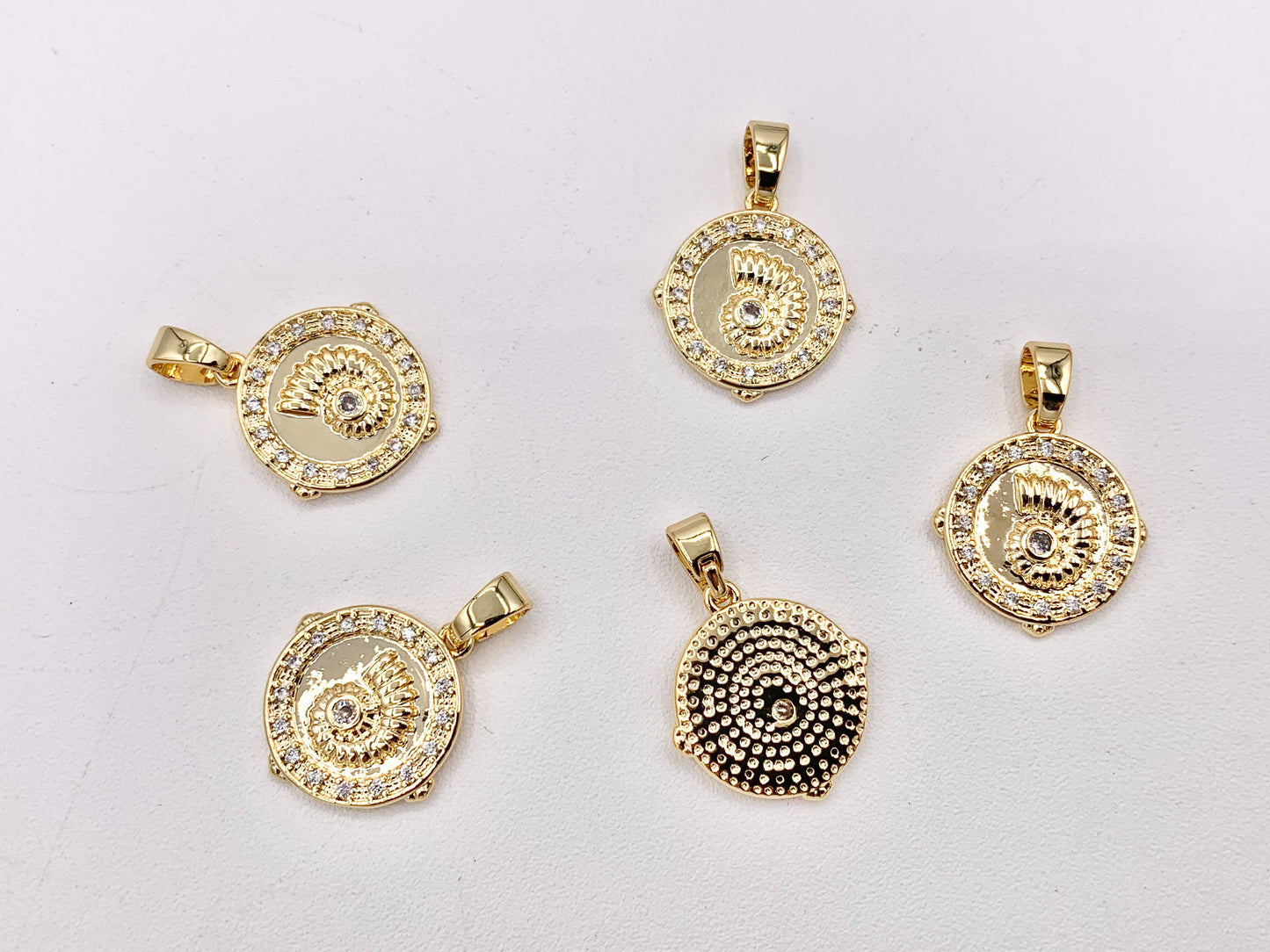 Cute CZ Pave Conch Shell Coin Charms Pendants Plated in 18K Gold Copper Base 8 PCS