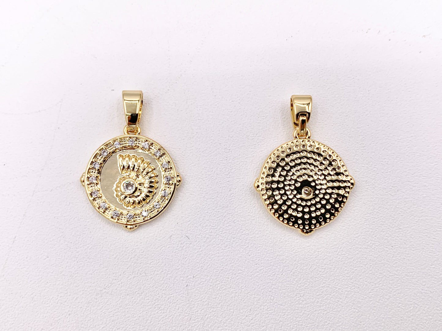 Cute CZ Pave Conch Shell Coin Charms Pendants Plated in 18K Gold Copper Base 8 PCS