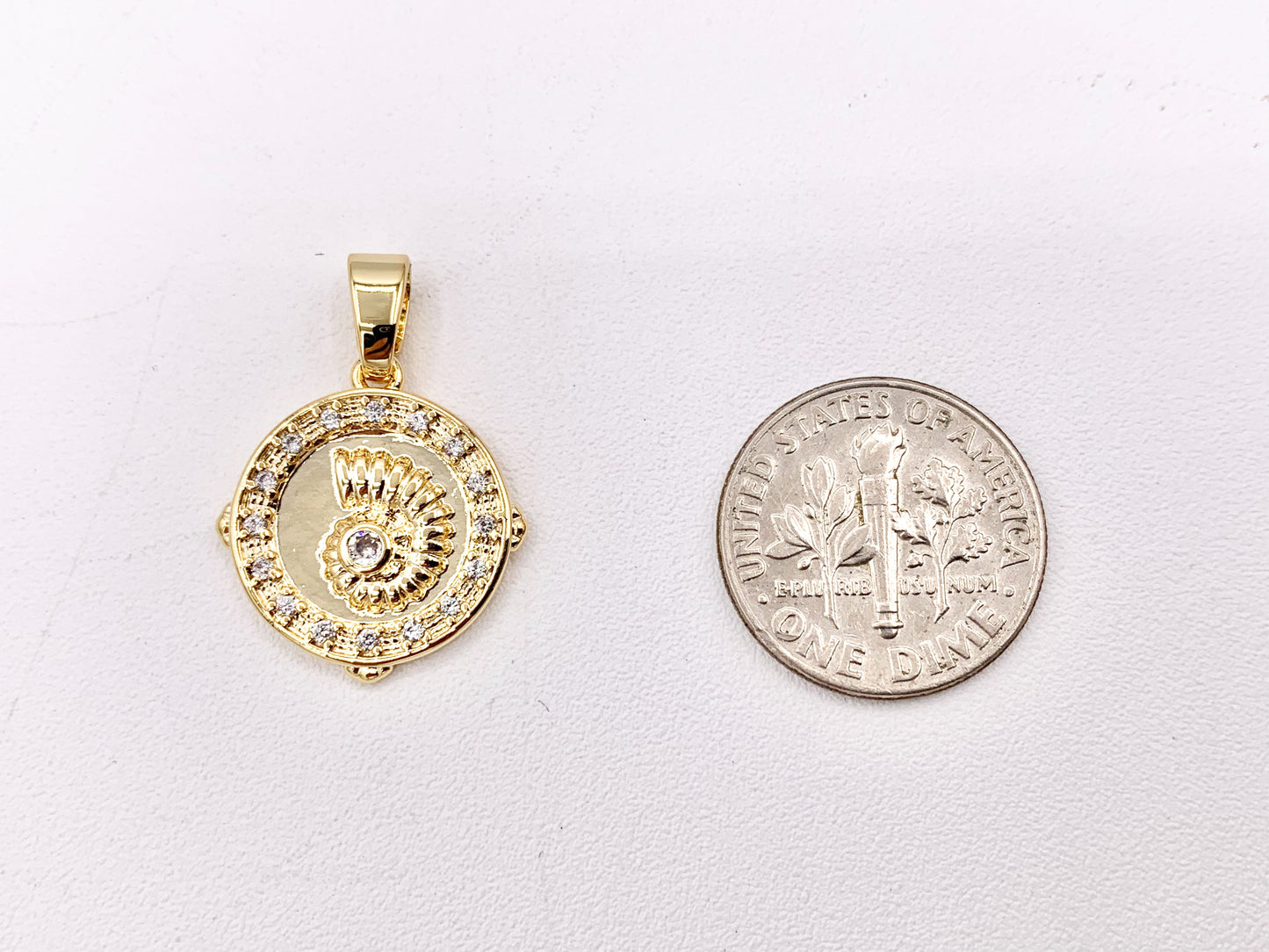 Cute CZ Pave Conch Shell Coin Charms Pendants Plated in 18K Gold Copper Base 8 PCS