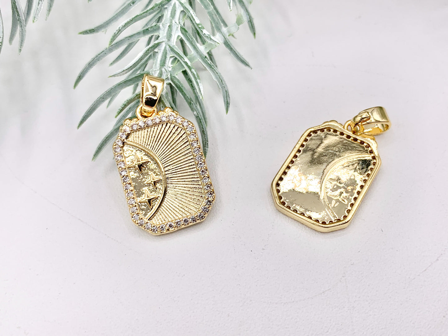Charming CZ Pave Stars Rectangle Tag Charms with Bail in 18K Gold plated Copper 8 PCS