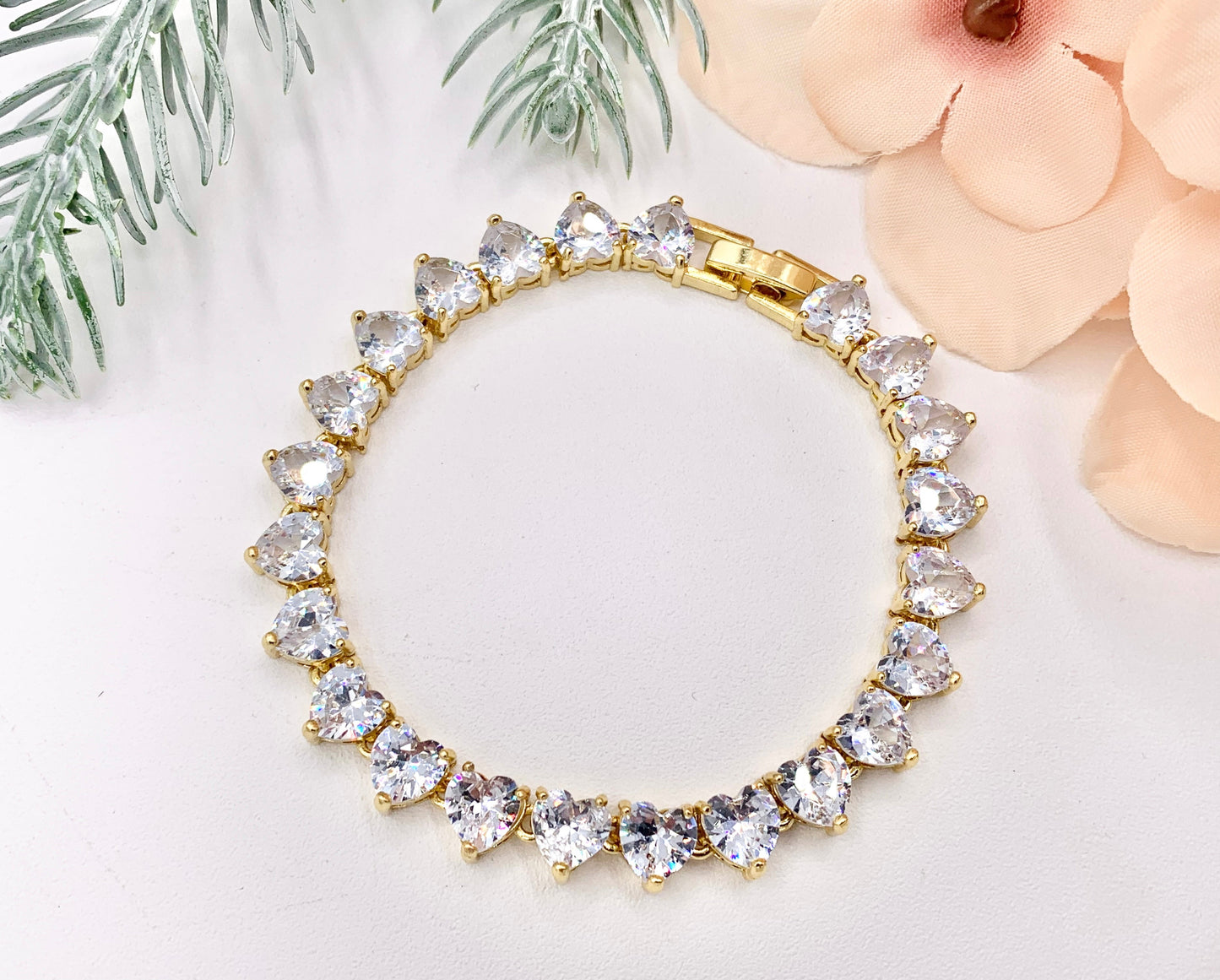 6.75" Delicate 18K Gold Plated Dainty Minimalist Fancy Heart Rhinestone Cup Chain Bracelet 1 PC