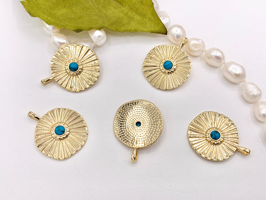 Gold Coin Pendant Charms Turquoise Howlite Center in 18K Gold Plated Copper 8 PCS