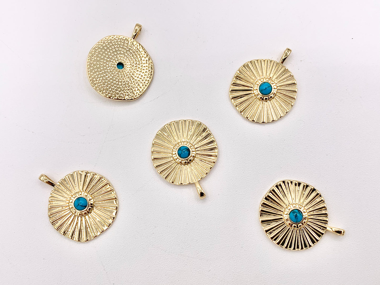 Gold Coin Pendant Charms Turquoise Howlite Center in 18K Gold Plated Copper 8 PCS