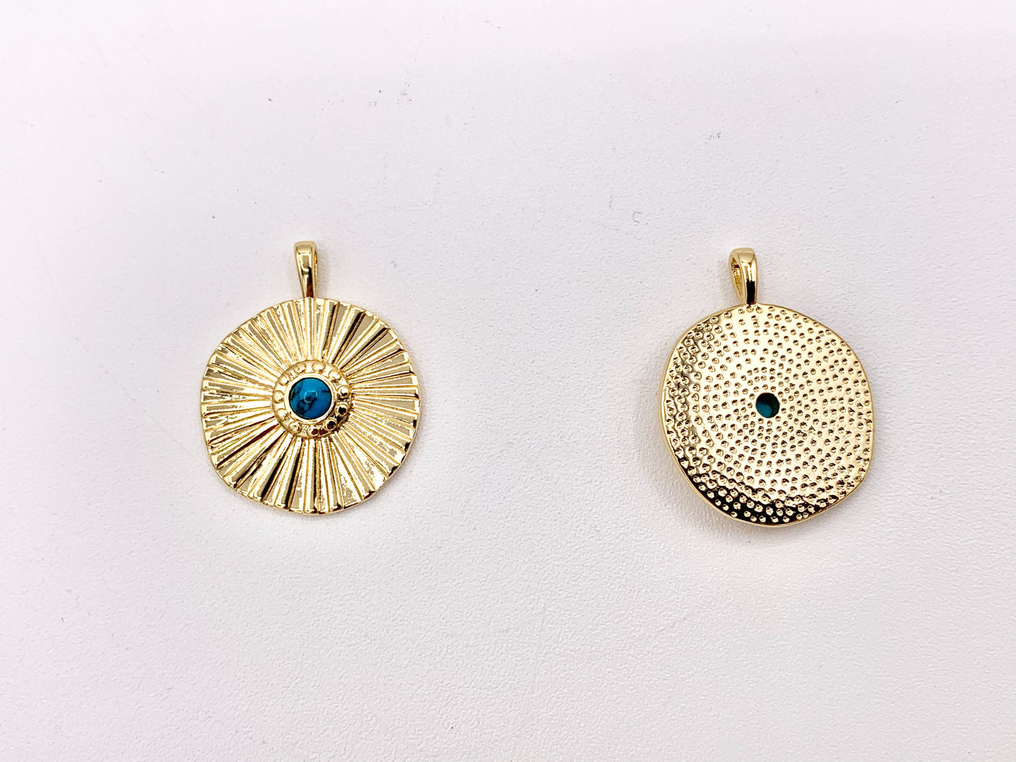 Gold Coin Pendant Charms Turquoise Howlite Center in 18K Gold Plated Copper 8 PCS