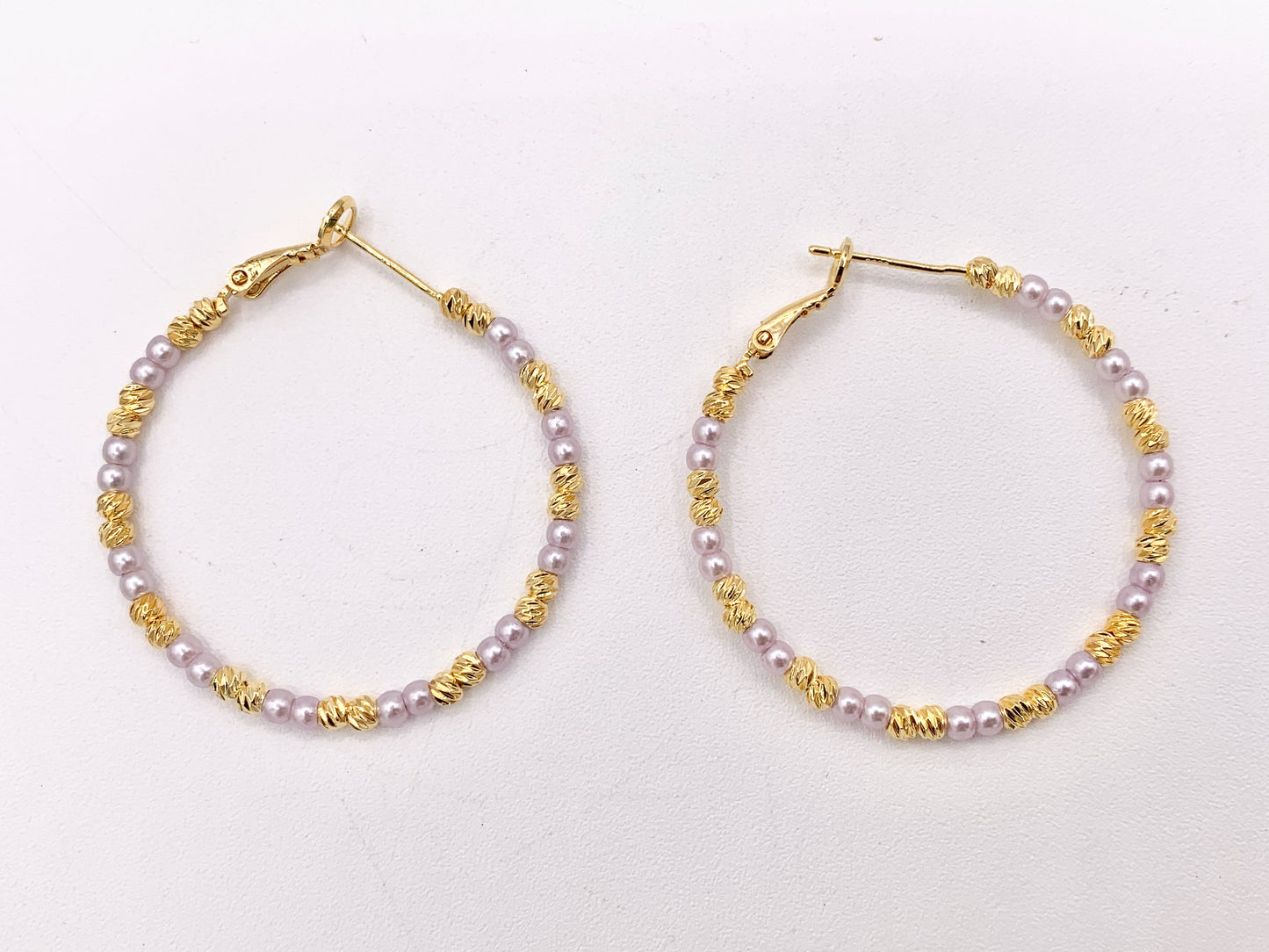Purple Pearl + Etched Gold Beads Beaded Earring Hoop in Real Gold 18K Over Copper 3 PAIRS