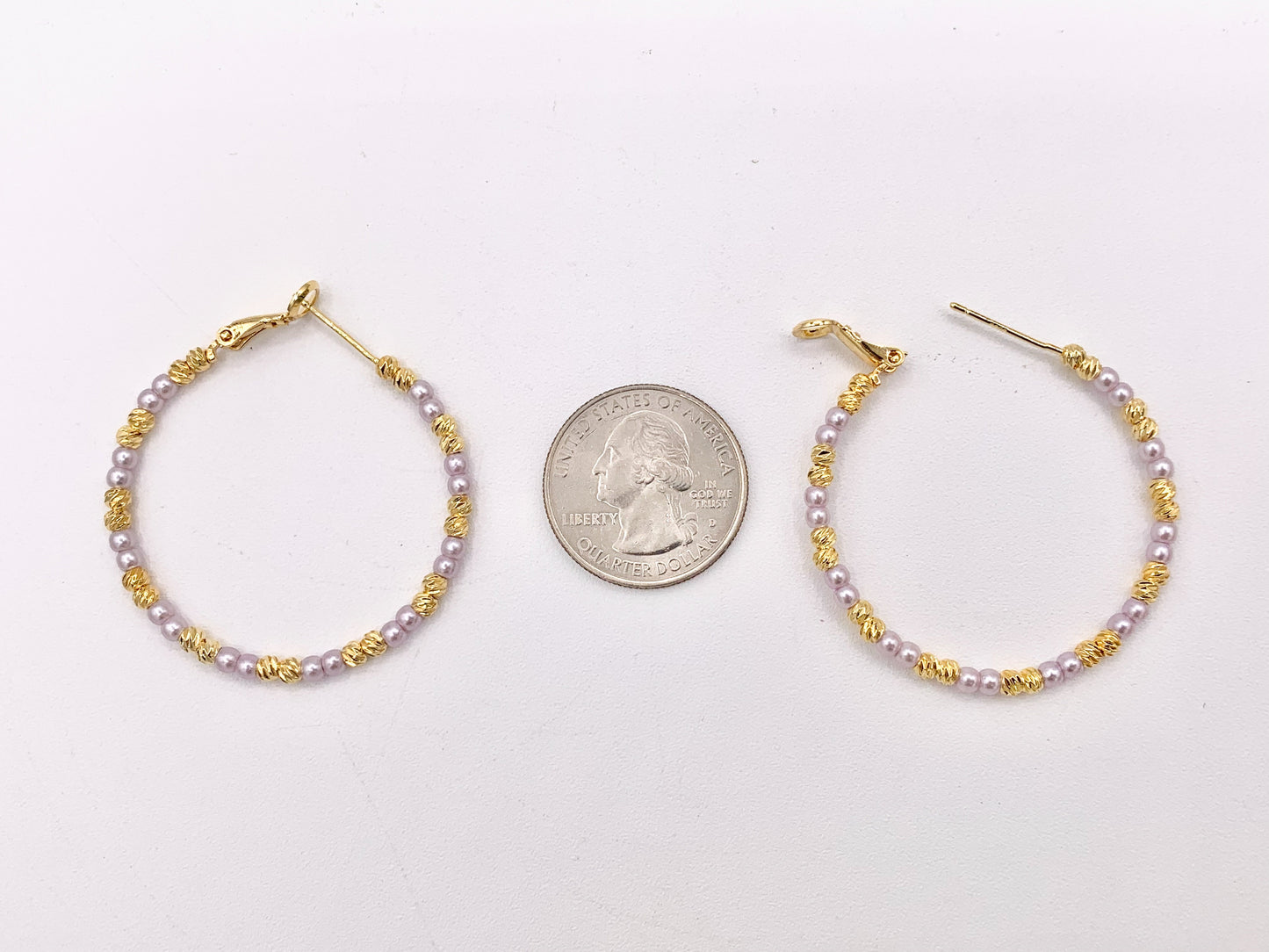Purple Pearl + Etched Gold Beads Beaded Earring Hoop in Real Gold 18K Over Copper 3 PAIRS