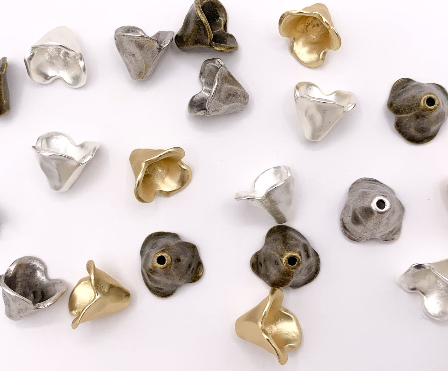 13x10mm Pewter Cute Bead Cap Bulk Order in Matte Gold, Matte Silver, Antique Silver and Brass