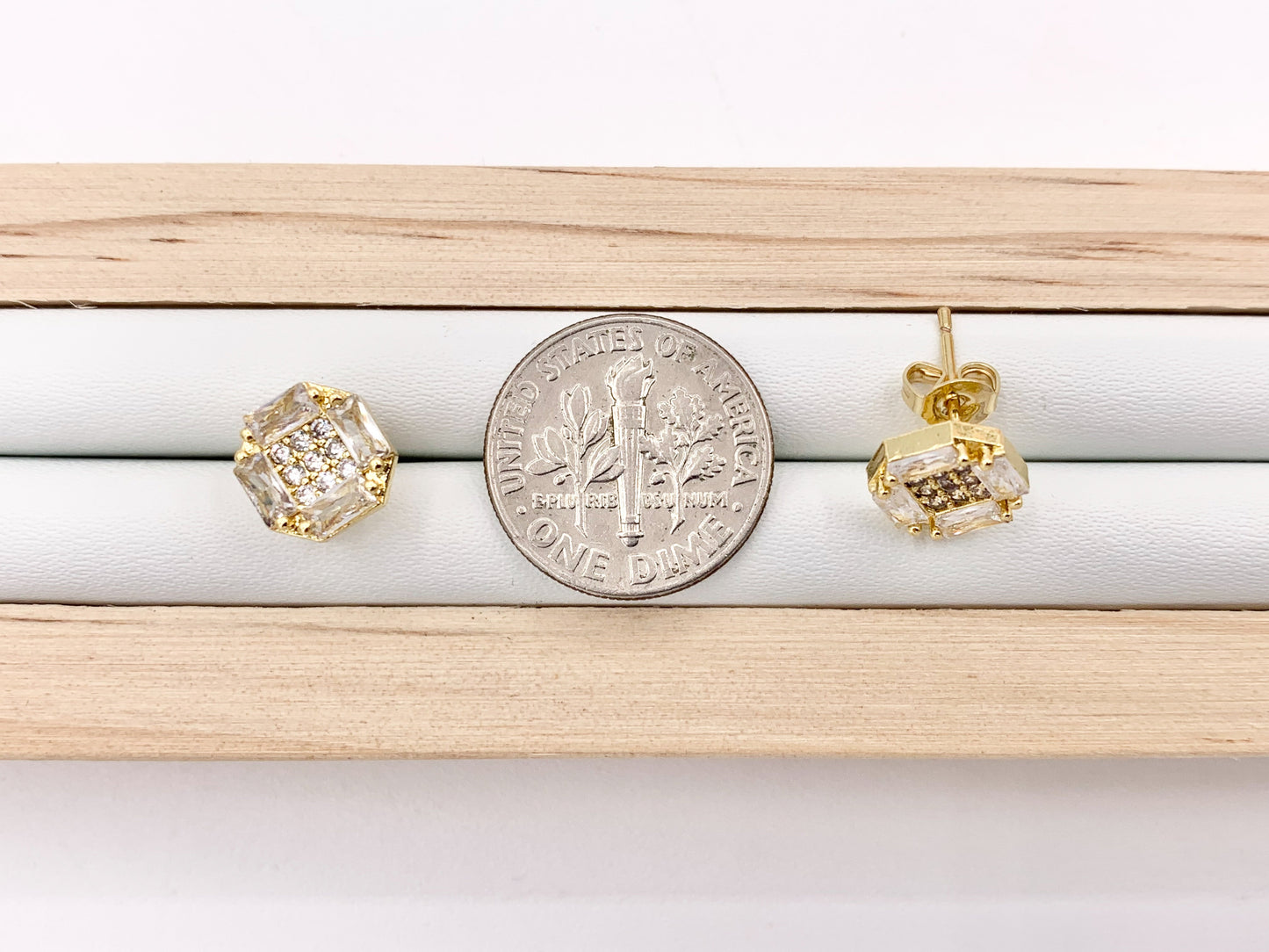Dainty Square Shaped CZ Pave Earring Studs in 18K gold plated Copper 5 PAIRS