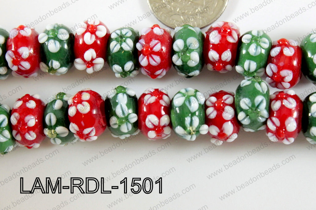 Lampwork Rondelle 9x15mm 6mm hole Flowers LAM-RDL-1501