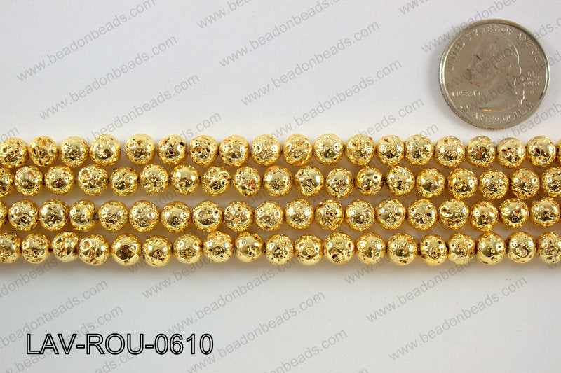 Electroplated Lava Round 6mm, Gold LAV-ROU-0610
