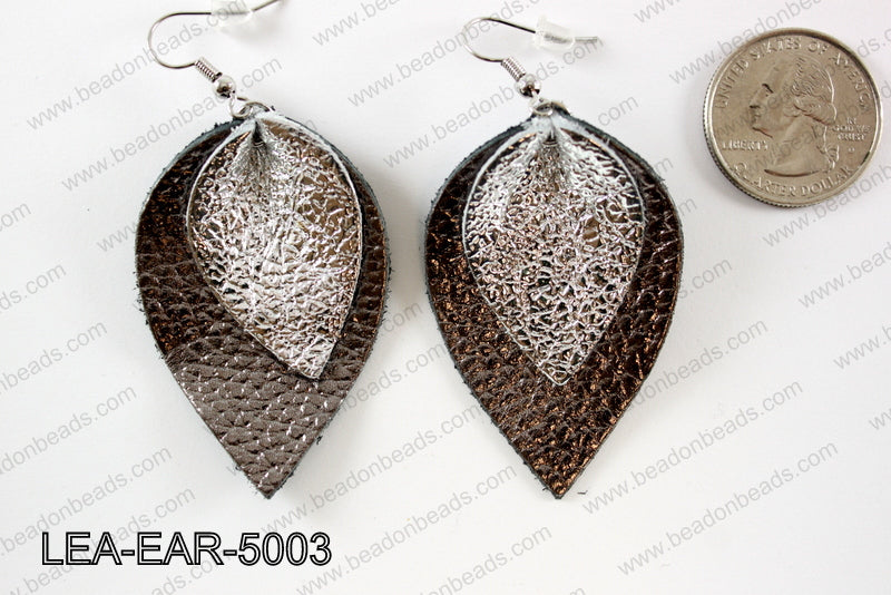 Double Leather leaf earrings 50x32mm LEA-EAR-5003