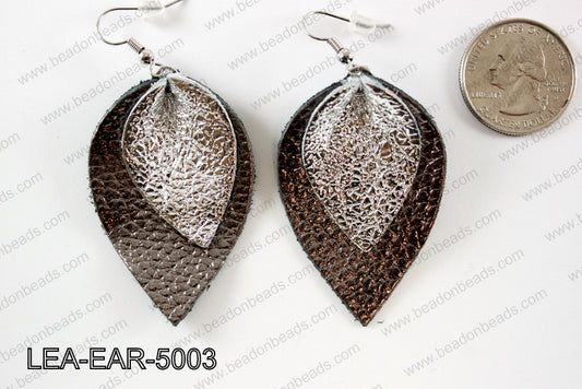 Double Leather leaf earrings 50x32mm LEA-EAR-5003