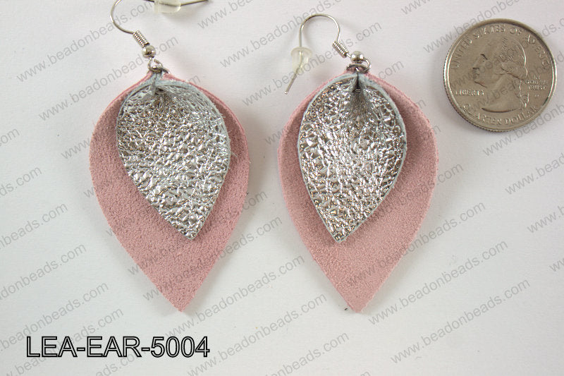 Double Leather leaf earrings 50x32mm LEA-EAR-5004
