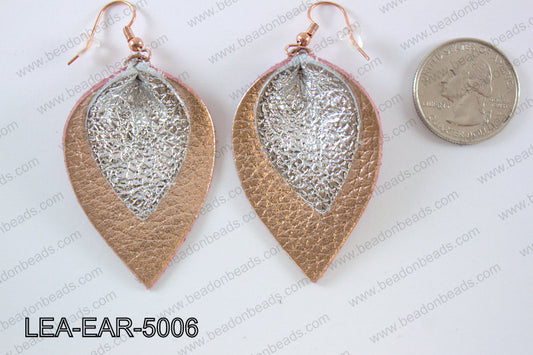 Double Leather leaf earrings 50x32mm LEA-EAR-5006