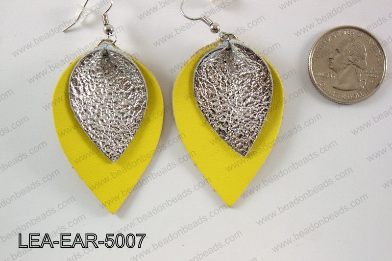 Double Leather leaf earrings 50x32mm LEA-EAR-5007