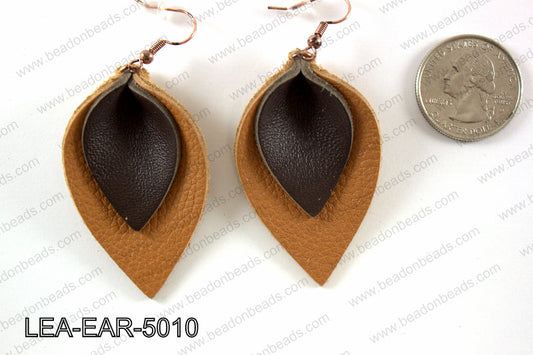 Double Leather leaf earrings 50x32mm LEA-EAR-5010
