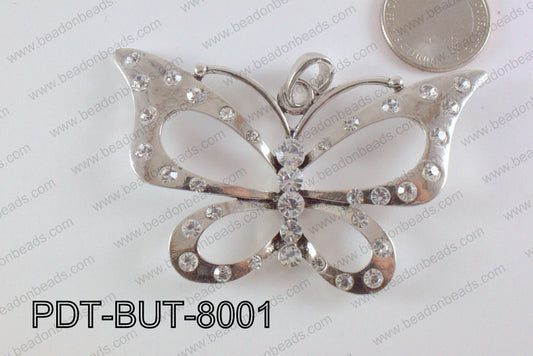 Butterfly Pendant Silver with Rhinestone 50x80mm PDT-BUT-8001