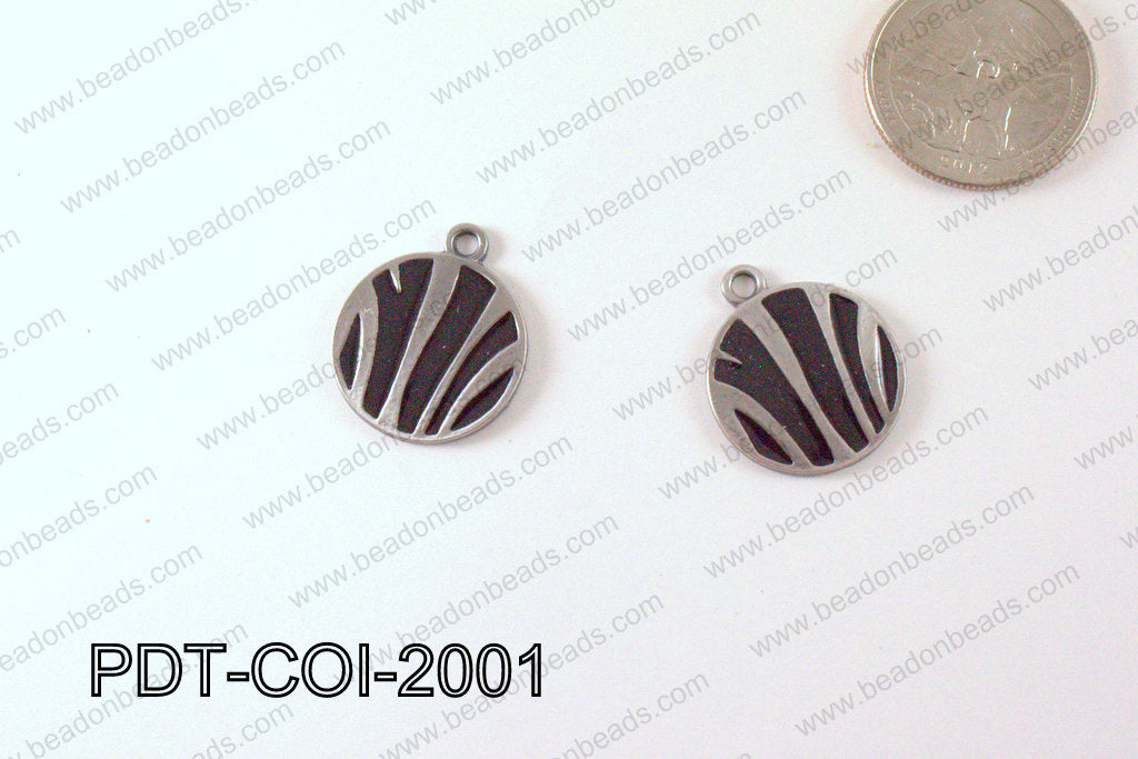 Metal Coin Pendant with Black Print Silver/Black 20mm PDT-COI-20