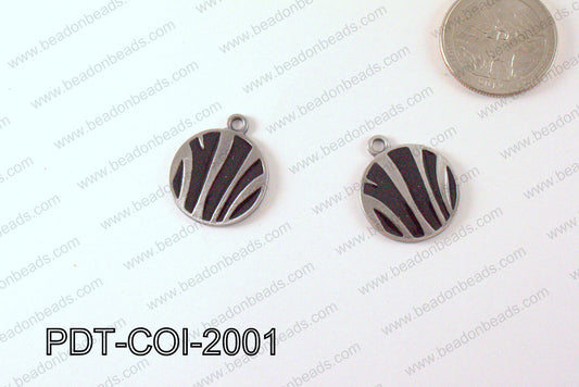 Metal Coin Pendant with Black Print Silver/Black 20mm PDT-COI-20