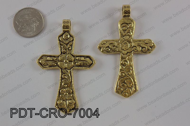 Pewter cross pendant 45X70 mm, gold PDT-CRO-7004