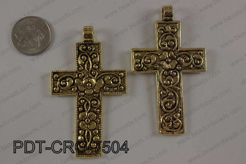 Pewter cross pendant 45x75 mm, gold PDT-CRO-7504