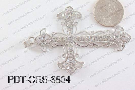 Cross Pendant with Rhinestone Light Silver 53x68mm PDT-CRS-6804