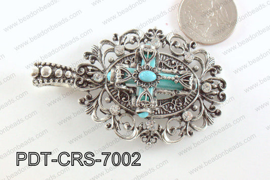 Cross Pendant with Rhinestone Turquoise 46x70mm PDT-CRS-7002