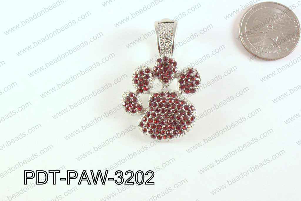Metal Paw Pendant with Rhinestone Red 32mm PDT-PAW-3202
