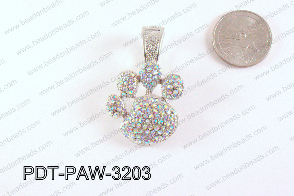 Metal Paw Pendant with Rhinestone Clear AB 32mm PDT-PAW-3203