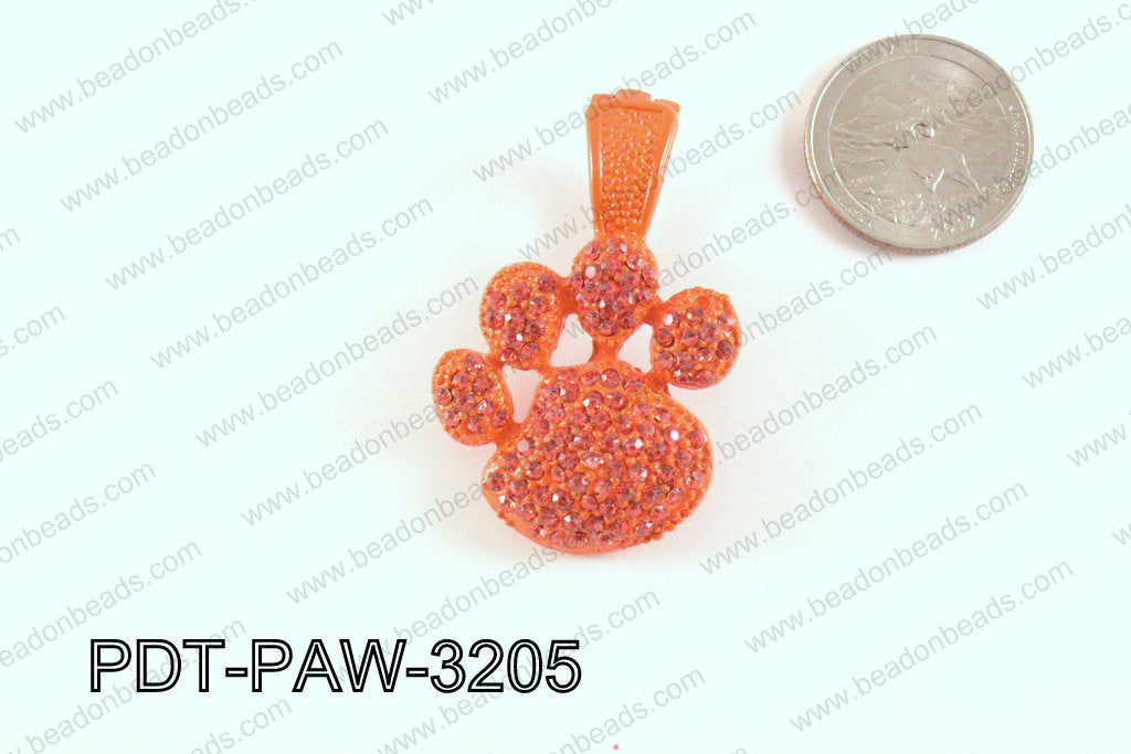Metal Paw Pendant with Rhinestone Orange 32mm PDT-PAW-3205